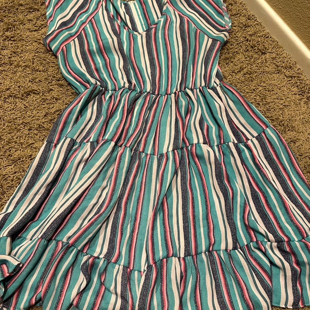 Maison Tara Teal and Pink Striped Mini Dress